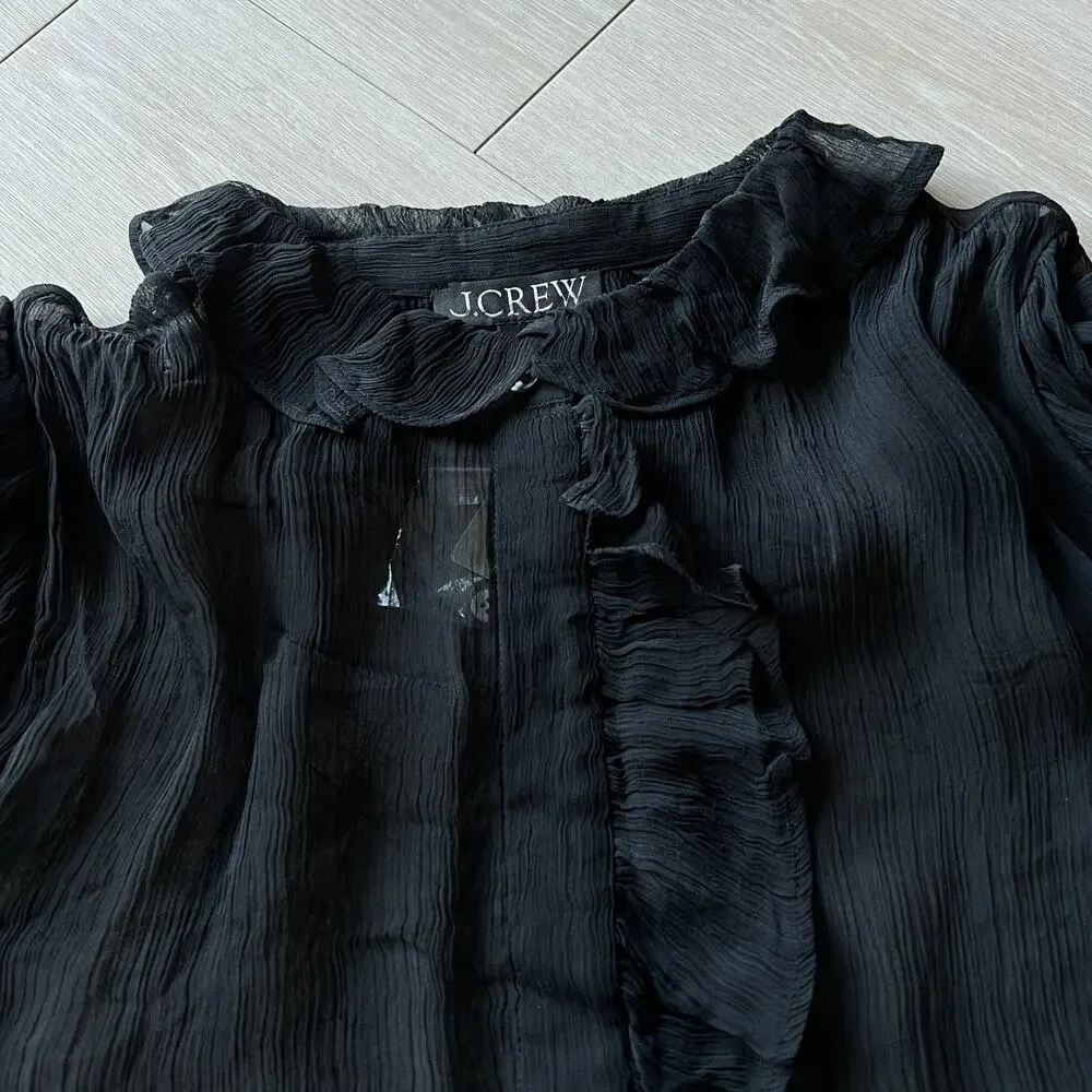 J Crew Ruffle Button Up Shirt In Crinkle Chiffon Womens Size 4 Sheer Black Flaws